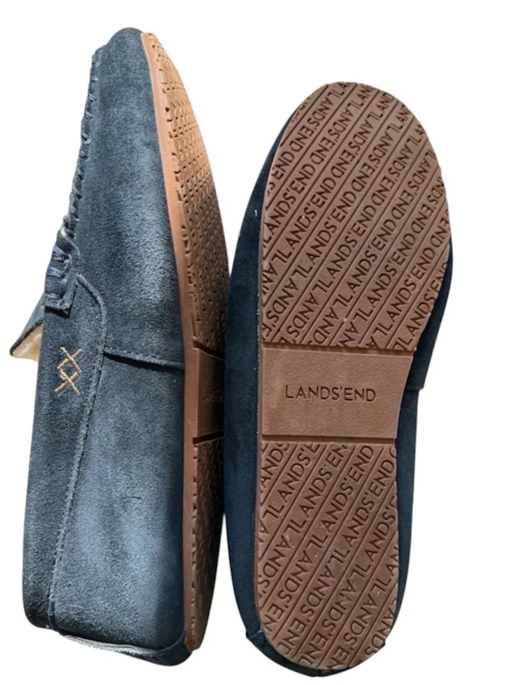 Men’s Lands' End Suede Moccasin Slippers Size 9 Navy Blue with Hard Soles